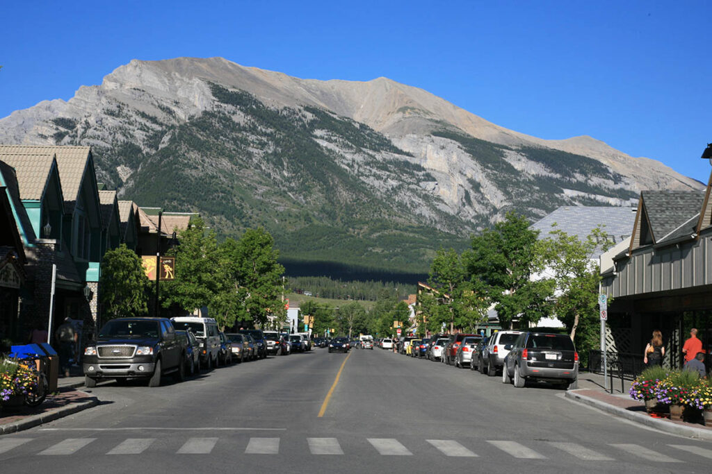 Looking north along Canmore’s main street.