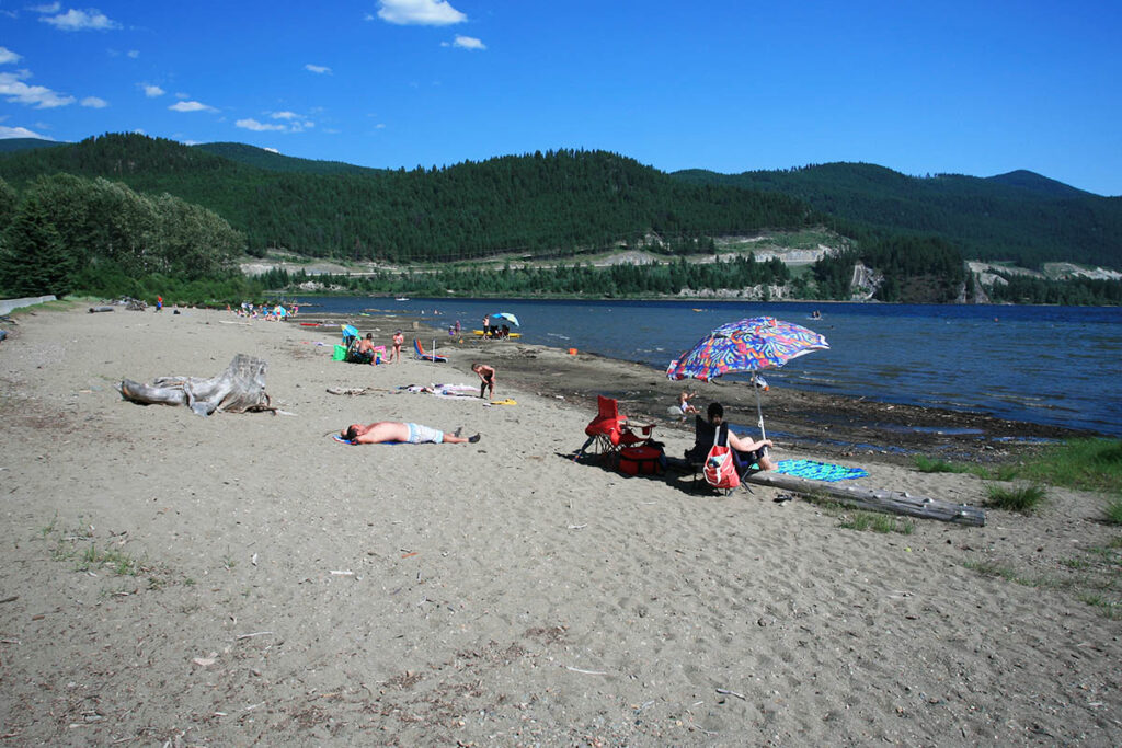 Moyie Lake has warm, clear water for swimming.