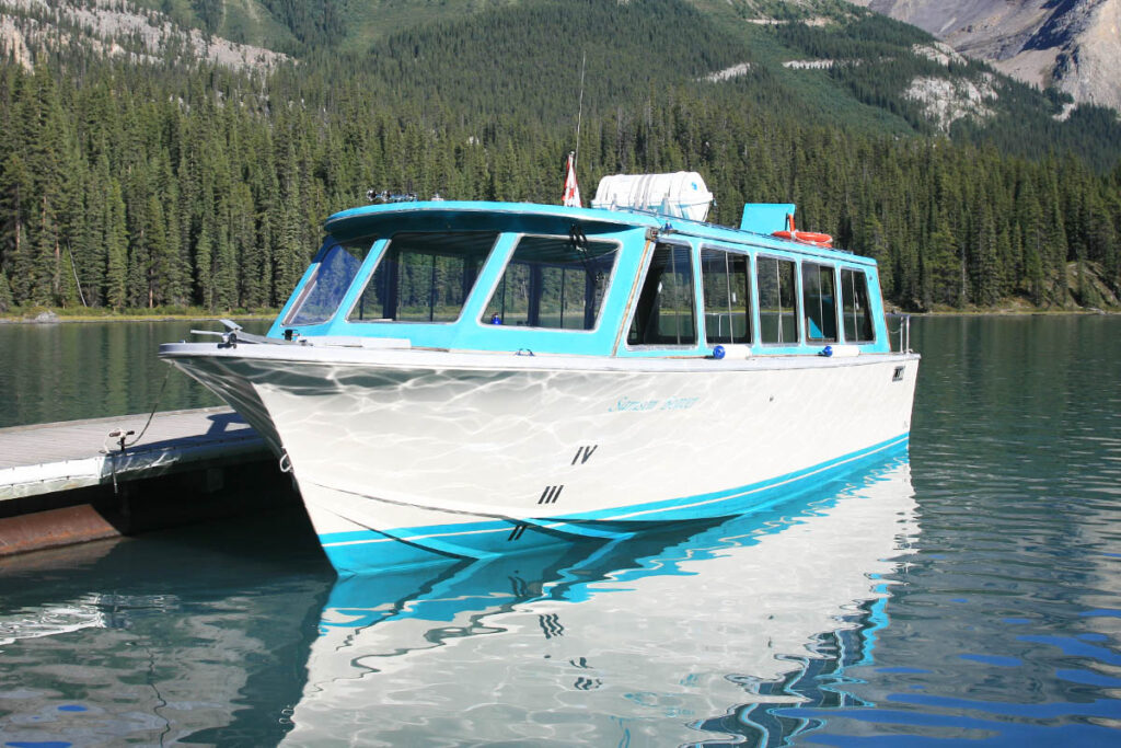 Maligne Lake tour boat at the dock.