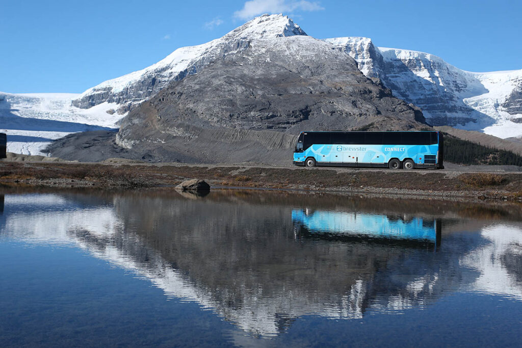 A tour bus at the Columbia Icefield in Jasper National Park.